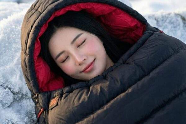 一名女性在戶外雪地中使用黑色木乃伊式睡袋，展示其優異的包頭保暖結構與熱量鎖定功能。