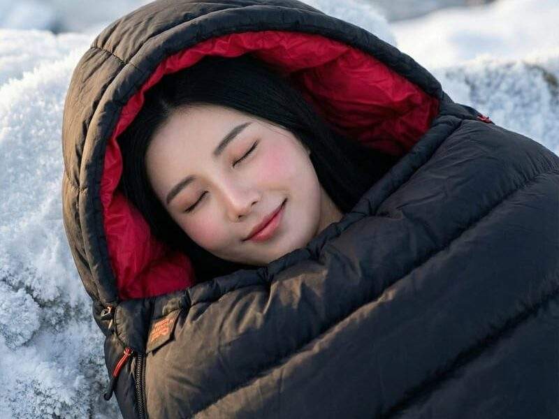 一名女性在戶外雪地中使用黑色木乃伊式睡袋，展示其優異的包頭保暖結構與熱量鎖定功能。